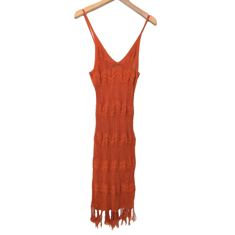 Crochet‎ Knit Swim Cover Up Maxi Dress Women M Rust Orange Beach Festival Vaca